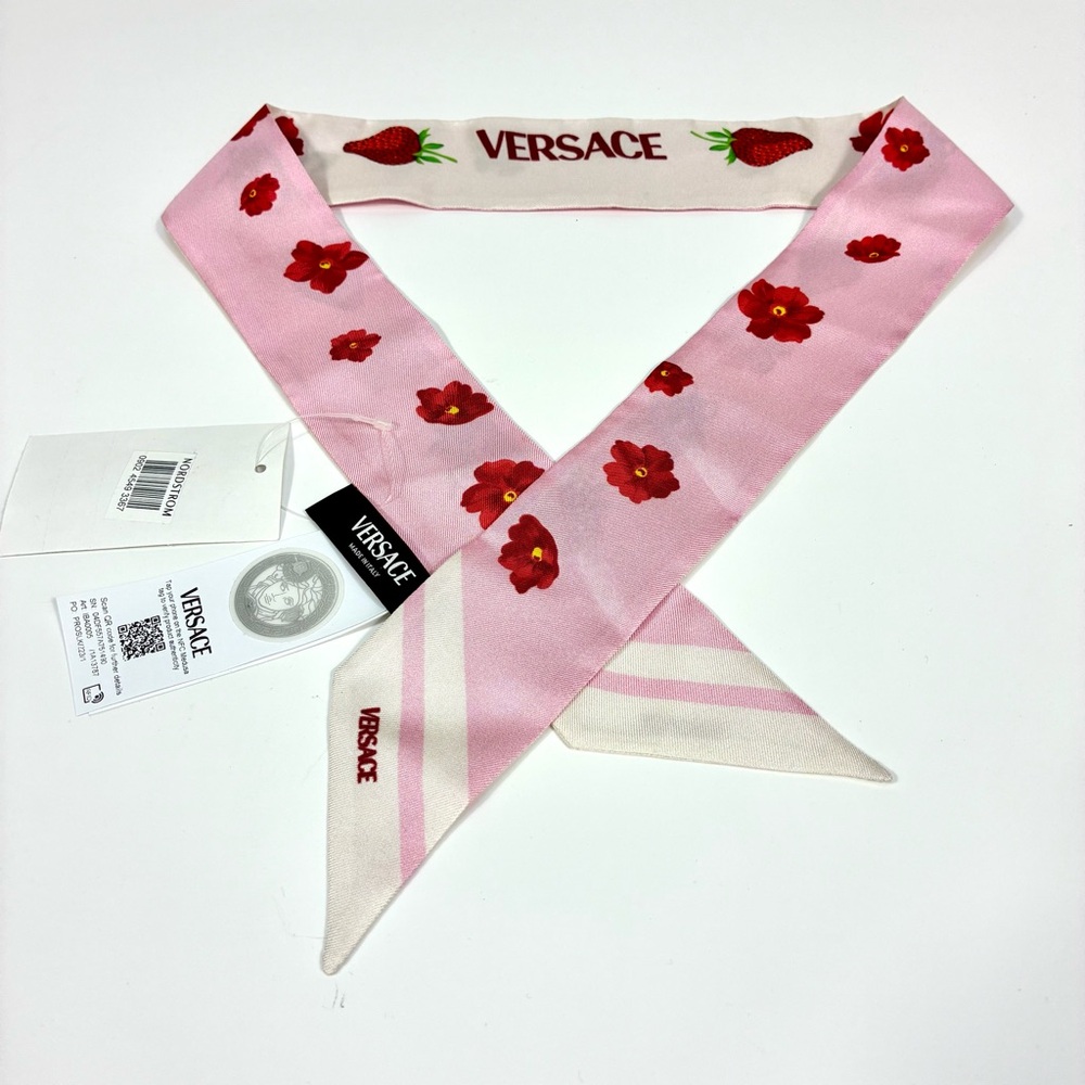 Versace Strawberry Garden Silk Skinny Twill Scarf Tie Logo Pink Red NWT - Picture 3 of 16